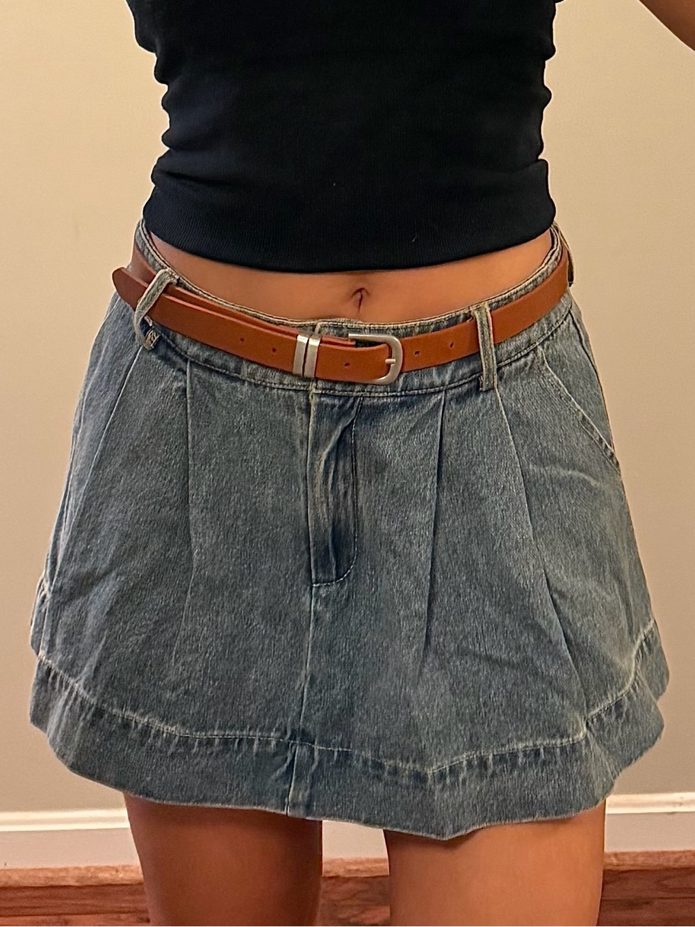 Blush Blue Denim Pleated Skort with Belt Included